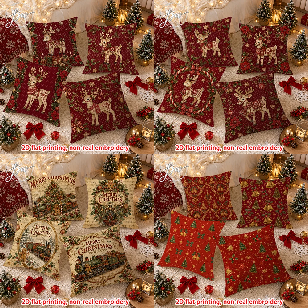 4pcs Christmas Throw Pillow Covers Vintage Xmas Tree Reindeer Decorative Cushion Cases for Home Sofa Couch Bed Holiday Decor