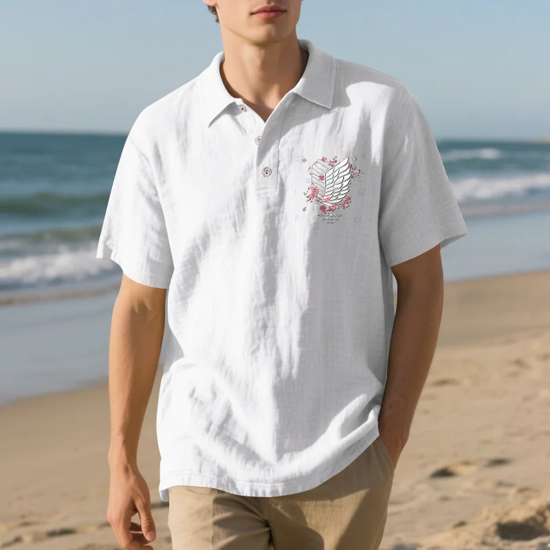 Men White Wrinkle Linen Texture Polo Shirt Chest White Angel Wing Pink Cherry Blossom Floral Graphic Print Short Sleeve 3 Buttons Lapel Collar Lightweight Breathable Beach Vacation Casual Top