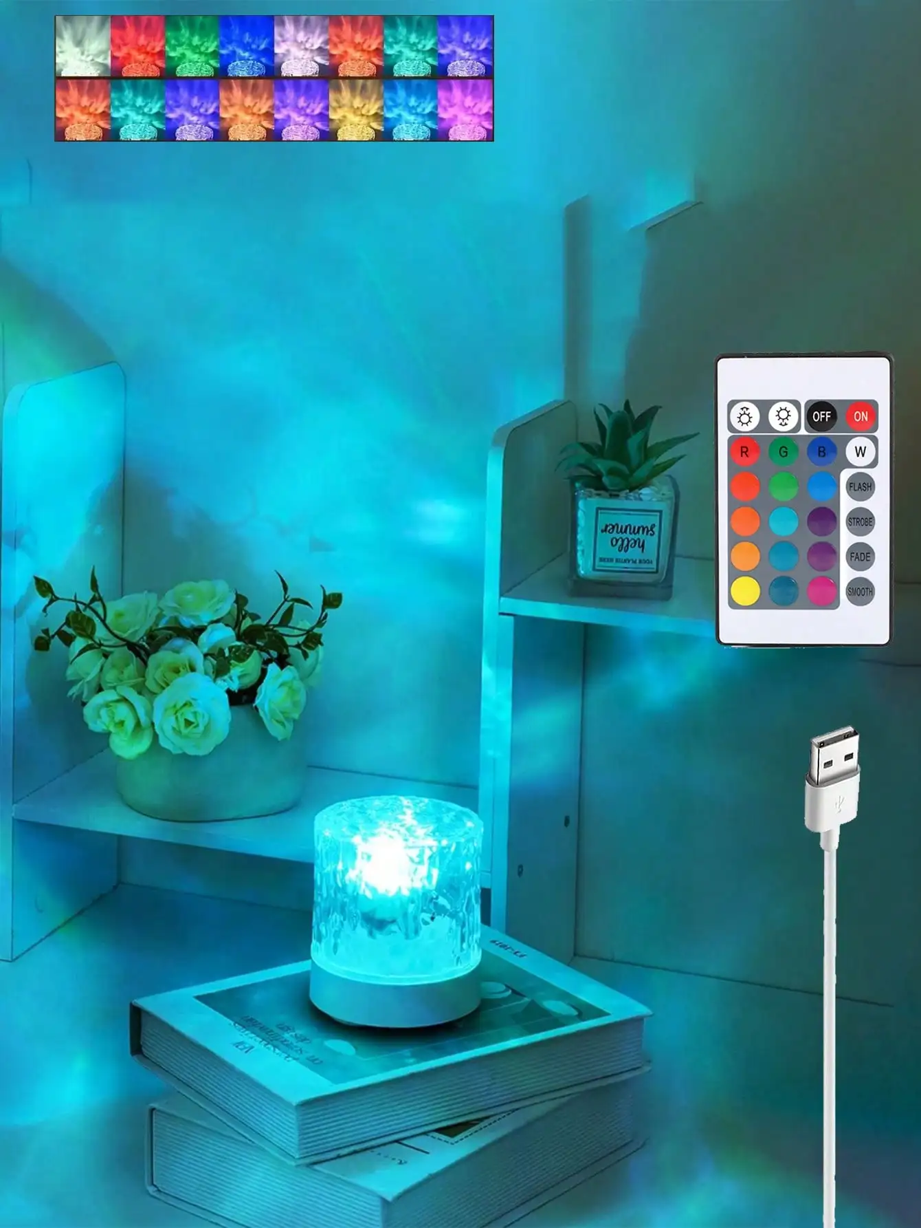 Cylindrical Water Wave RGB Projection Lamp, 16-Color Dynamic USB Night Light for Bedroom Christmas Decor