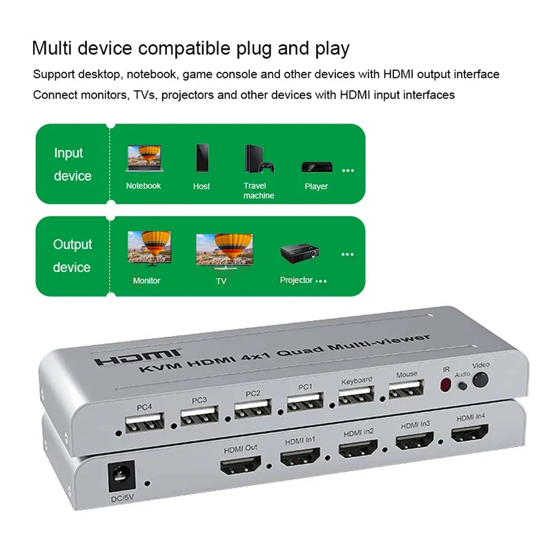 KVM HD 4X1 Quad Multi Viewer Switch 4 in 1 out Video Processor Screen Multiviewer Seamless 1080P Supports USB Keyboard Mouse