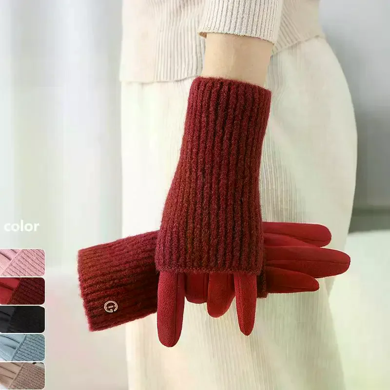 

3-сторонние для ношения Съемные зимние женские перчатки Сохраняют тепло Сенсорный экран Трикотажные замшевые однотонные мягкие бархатные не раздутые предотвращают холод