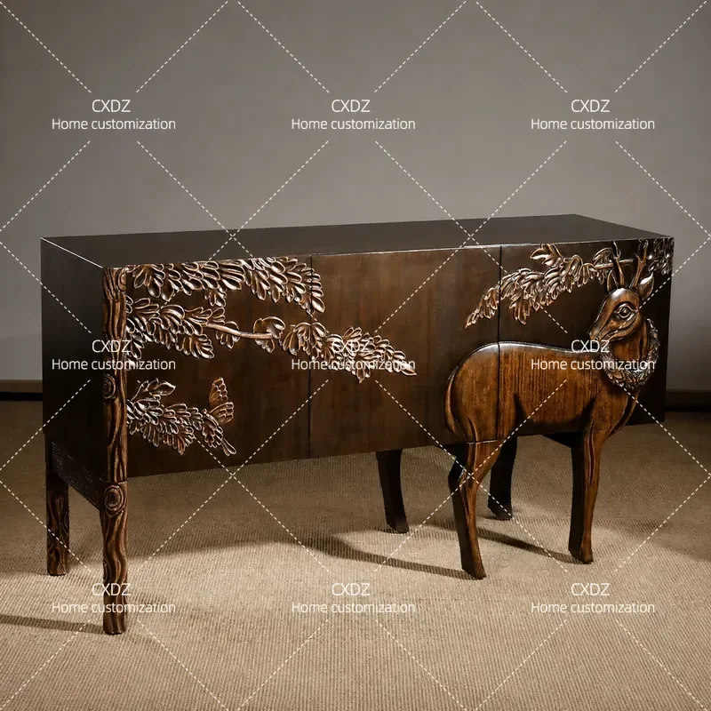 Solid Wood Relief Incense Burner Entrance Cabinet New Chinese Style Living Room Storage Locker Foyer Decorative Console Table