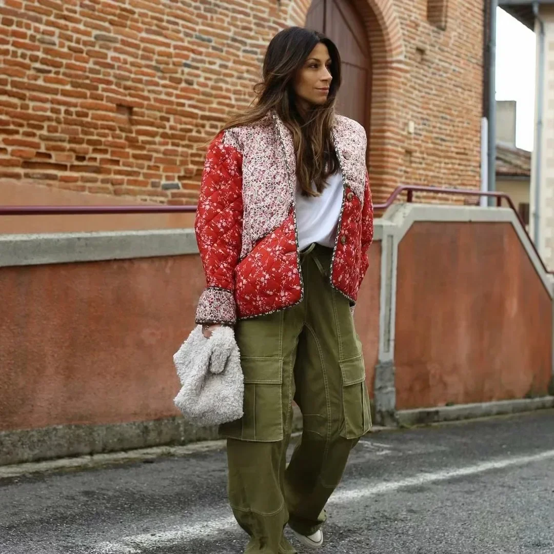 Vestiti imbottiti in cotone da donna caldi invernali stampati a fiori giacca da lavoro da lavoro con bottone singolo femminile cappotto Casual da ragazza calda