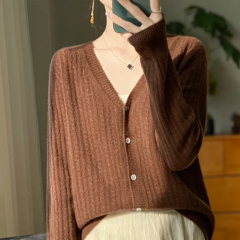 SZDYQH Hot Sale Spring Women\'s V-Neck Cardigan 100% Merino Wool Knitted Sweater Autumn New Fashion Clothes Girl Jacket Tops