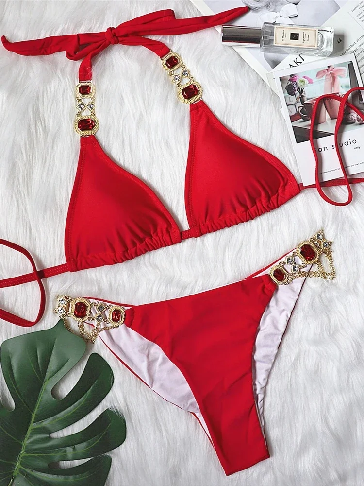 Bikini Set Women's Crystal Diamond 2 Piece Swimsuit Creative Metal Chain Sexy Straps Solid Color Low Waist Thong Beachwear 2025