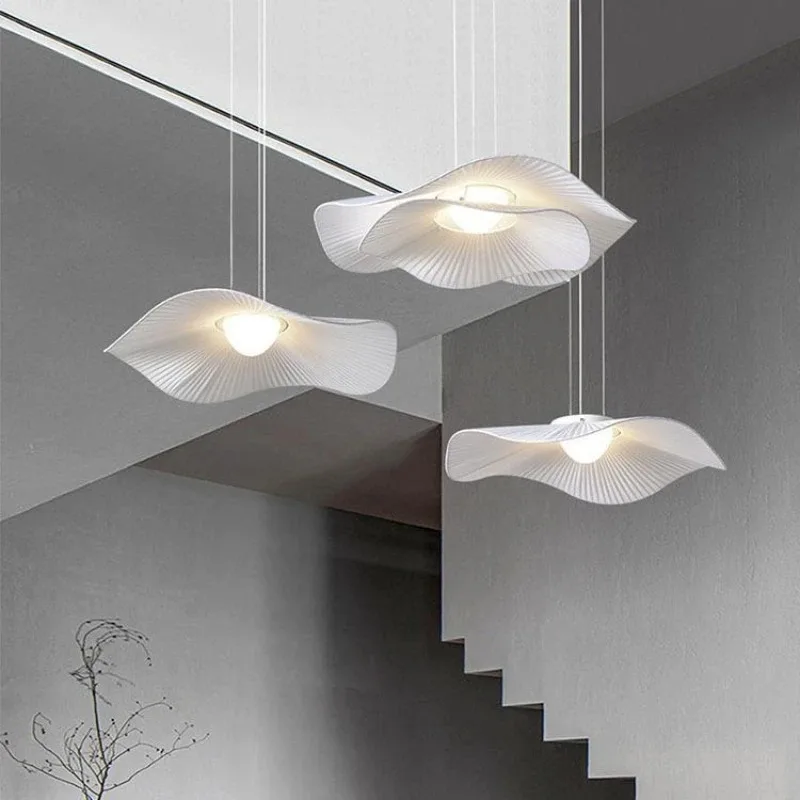 

Nordic Fabric Chandelier For Living Room Stair Loft Dining Table White Scandinavian Bedroom Ceiling Lamp Lotus leaf Led Lighting