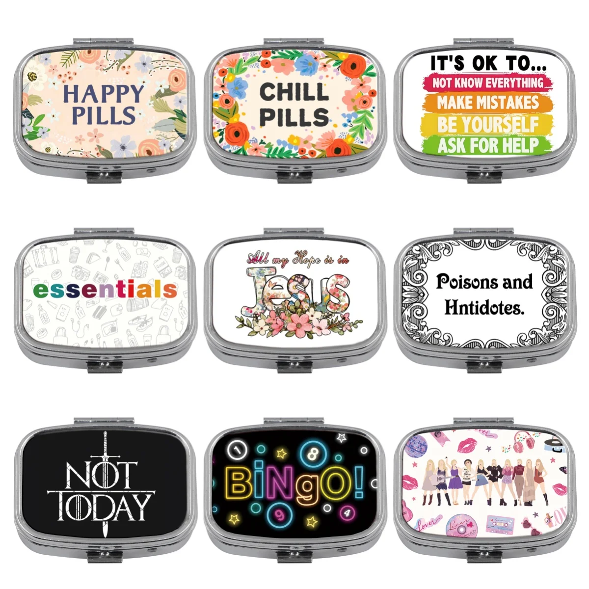 Quotation 2 Compartments Metal Medicine Box Portable Travel Decorated  Sealed Small Pill Organizer Container Storage
