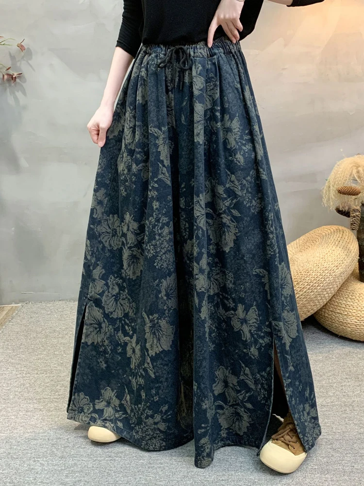 

High Waist Vintage Jeans Spring New Casual Elastic Waistline Women Pants Loose High Quality Floral Print Jeans Wide Leg Pants