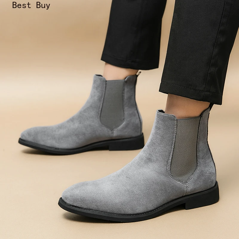 New spring/autumn Gray Chelsea Boots for slip-on Men Faux Suede Flock Business Mens Short Boots Ankle Boots for Mens Size 38-48