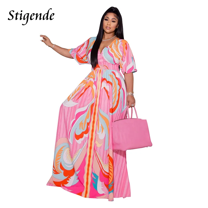 

Stigende Women Half Sleeve Long Swing Dress V Neck Elastic Waist Maxi Dress Fashion Print Sexy Side Split Loose Bohemian Dress