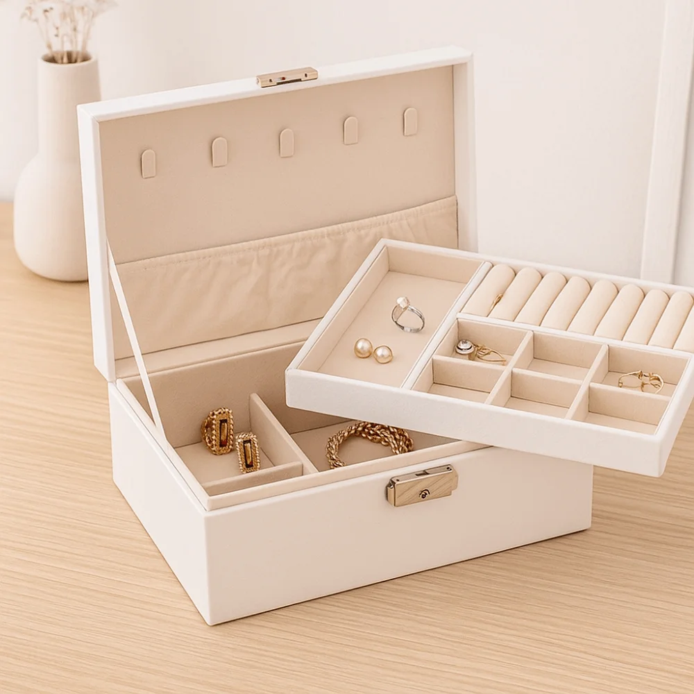 2 Layer Double-layer Jewelry Box PU Leather Elegant Leather Jewelry Organizer Dustproof with Lock Jewelry Display Case Desktop