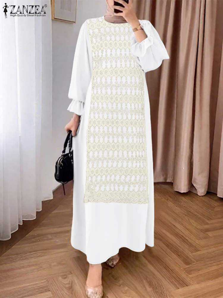 

ZANZEA Woman Loose Casual Long Abaya Robes Lace Patchwork Hijab O-Neck Islamic Long Sleeve Eid Dresses Muslim Solid Modest Dress