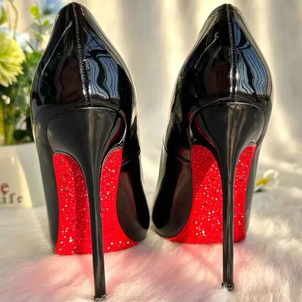 New Pointed Toe High Heels Women Sole Rhinestones Pumps Red Bottom High Heels Plus Size Women Wedding Shoes Bride Platform Heels