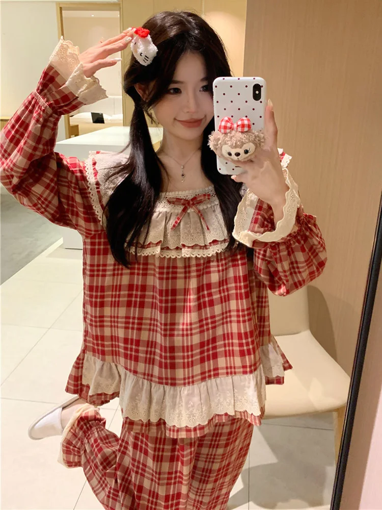 

Home New Warm Sweet Lace 100%Cotton NightDress Winter Plaid Long Sleeve Pajama Set Women Korean Kawaii Plaid Loose Sleepwear Ins