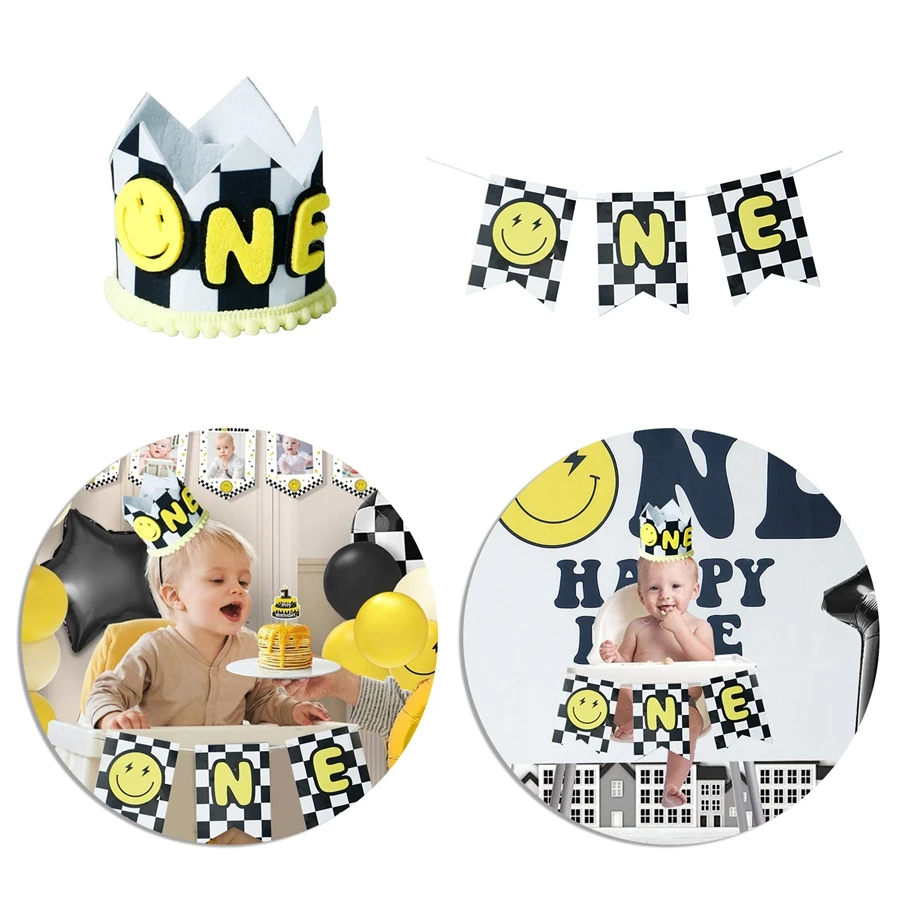 One Happy Dude Birthday Decorations, One Cool Dude 1st Party Decor Banner Highchair Banner Cutout Crown Black Yellow Smile Face