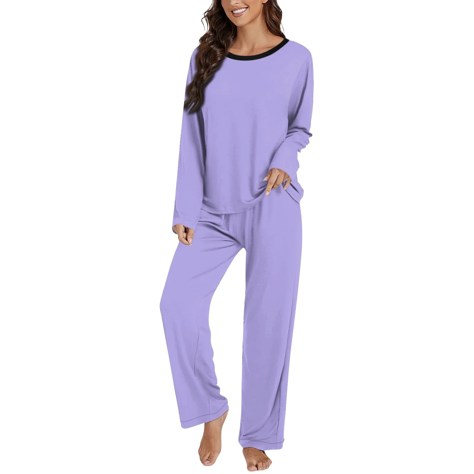 Women Home 2 Piece Set Long Sleeve Round Neck Loose Pullover Tops Straight Wide Leg Pants Outfits Matching Pajamas Sets Solid