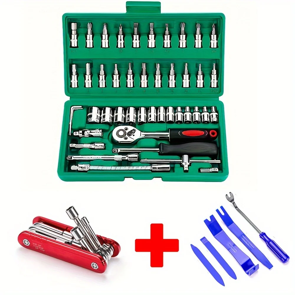 

46 pcs 1/4 inch Drive Socket Ratchet Wrench Set With 6-in-1Folding Nut Driver Kit and Auto Trim Removal Tool for Auto Repairing