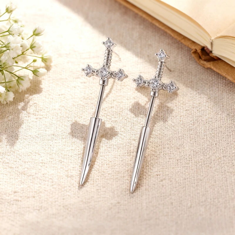

1Pc New Model Personalized Inlaid Zircon Sword Shaped Cross Screw Rod Advanced Couple Ear Earnail