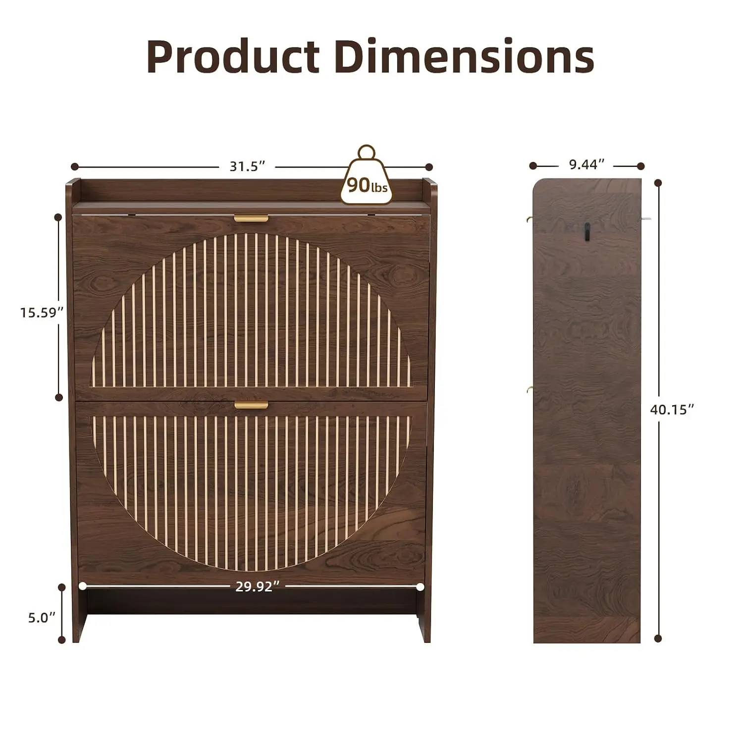 Narrow Shoe Storage Cabinet for Entryway with 2 Flip Drawers, Walnut | Hidden Shoe Storage, Raised-Edge Display, Customized