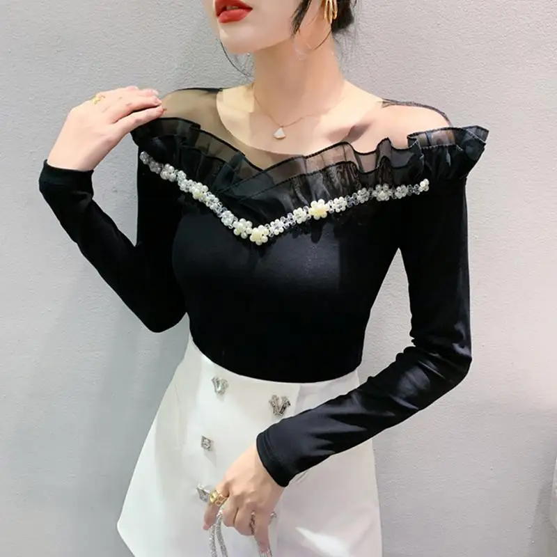 

Женский топ с длинным рукавом, на одно плечо, с открытыми плечами, облегающий, базовый, с сетчатыми вставками и оборками, хит продаж, стильный