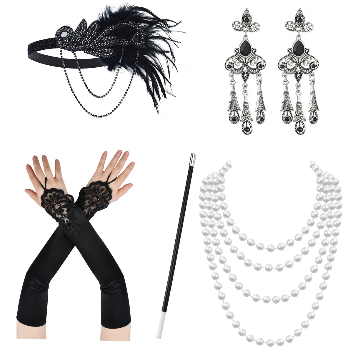 5 pezzi anni \'20 accessori per abiti flapper puntelli per feste retrò GATSBY CHARLESTON fascia per capelli collana di perle fascia di piume per