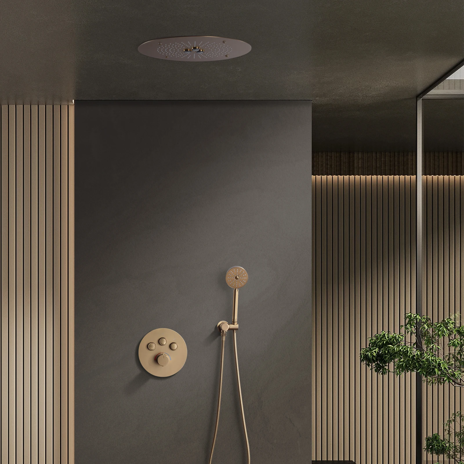 Shower Faucet System Set Ceiling Arm Bathroom Mixer Brushed Gold 16 Inch Rainfall Shower Head 3 Ways Massage Bath Tap Black