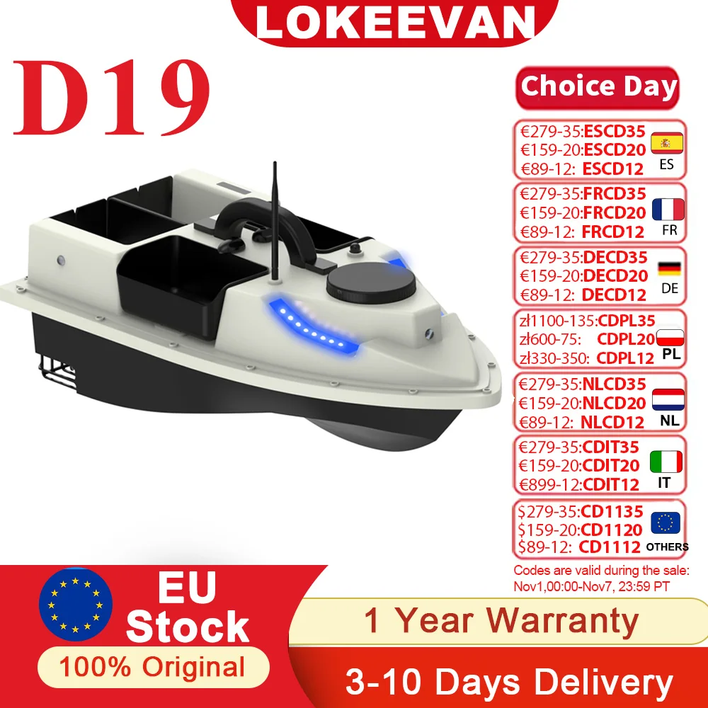 EU GPS Fishing Bait Boat 4 Catapult Bays,Bait Boats for Carp Fishing with GPS Positioning 600 m Bait Boat with LED Night Light