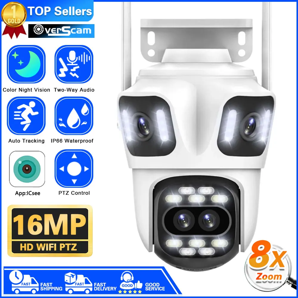 

8K WiFi Security Camera Outdoor 16MP HD Four Screens CCTV IP Camera 8X Zoom Bluetooth Auto Tracking Video Surveillance Cam iCSee