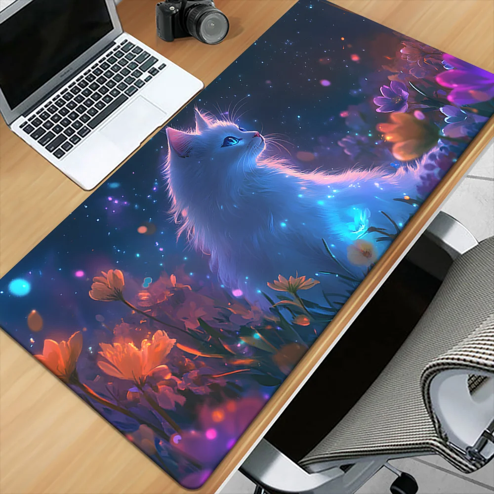 

1 шт. Настольный коврик XXL с милым котом и ярким цветочным дизайном — нескользящий резиновый коврик для игровой мыши, большой размер для офиса и домашнего ПК, Perf