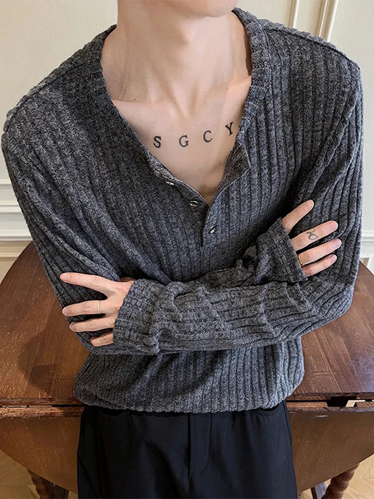 Stylish Mens Buttoned Henley Collar T Shirts Men Spring Casual Solid Colort Textured Pullover Tops Mens Vintage Textured Jumpers