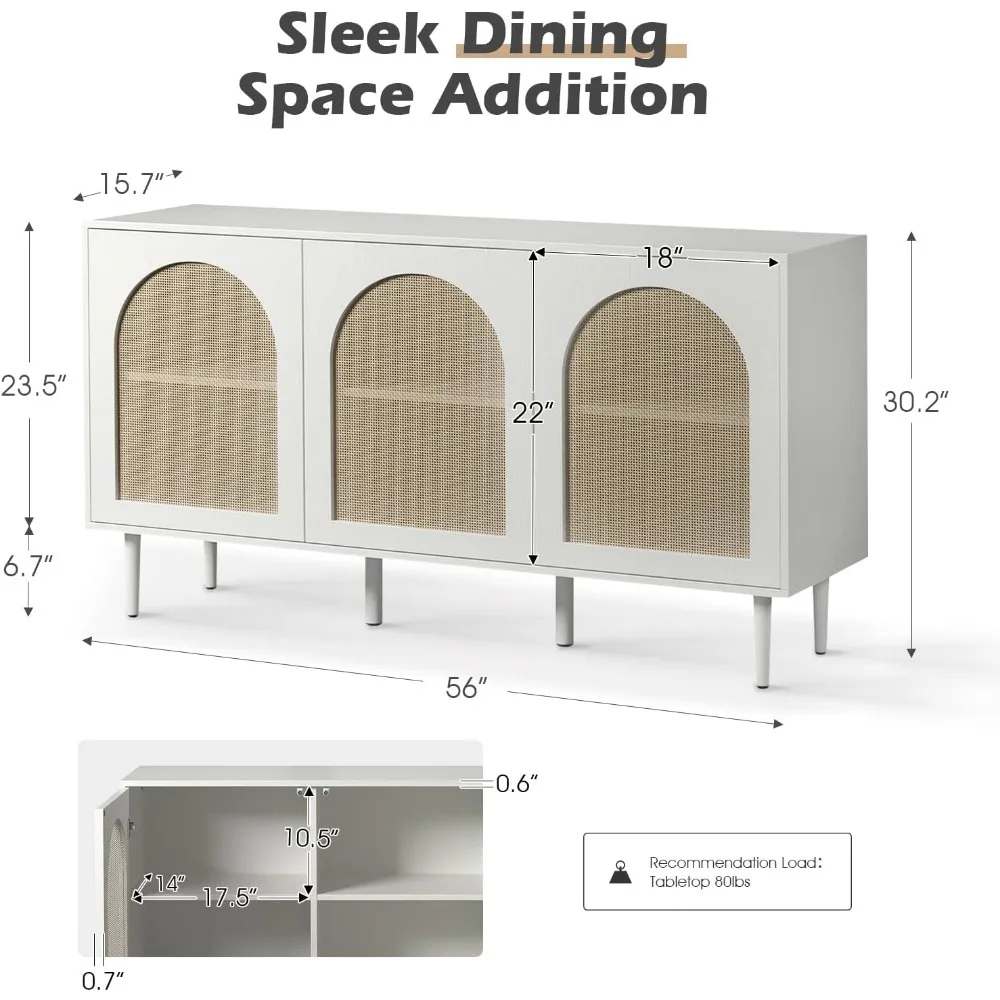 خزانة بوفيه جانبية من Farmhouse Boho مع 3 أرفف و3 أبواب من الروطان، وطاقة تخزين المطبخ بأرجل معدنية،