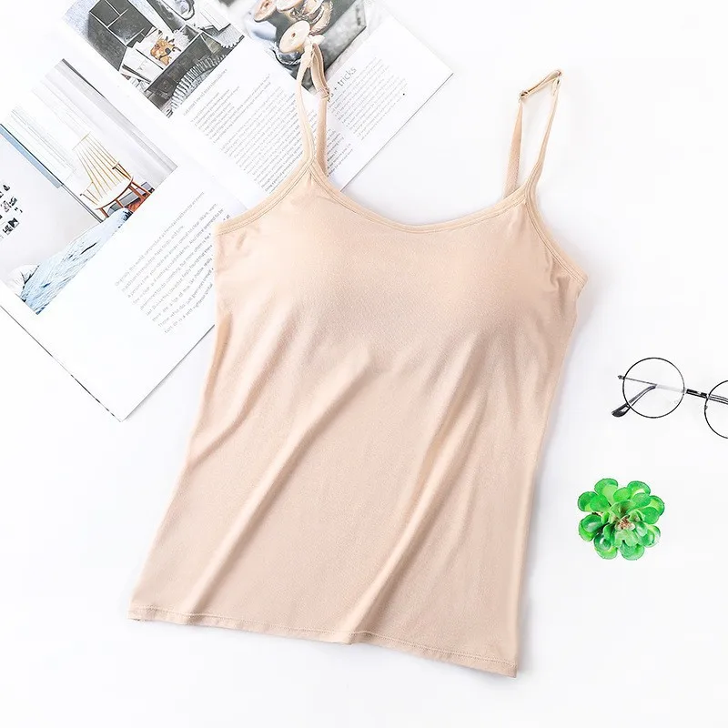 1 Piec Undershirt Solid Color Smocked Camisole Tank Top with Bra Pads Tops Female Summer Underwear Bottoming Anti-walking Bustie image 6