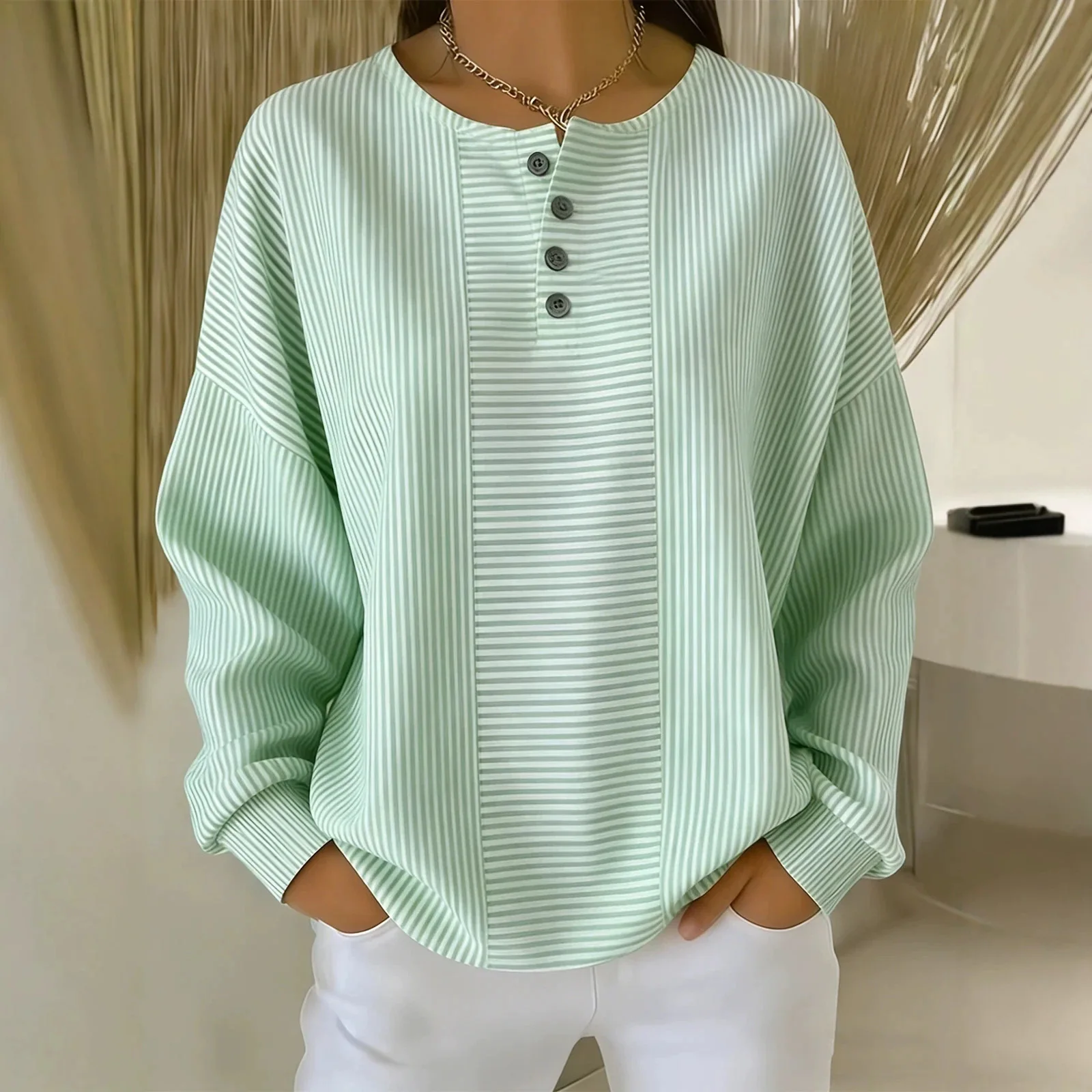 2026 Autumn/winter New Collection: Women's Fashionable Random Strip Long-sleeve Top With Button Detail, Loose Fit, And Circular