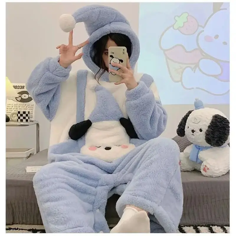 Hello Kitty Cute One-Piece Pajamas for Women Coral Velvet Autumn Winter Sweet Thickened Warm Flannel Home Wear Cartoon New Style view 2