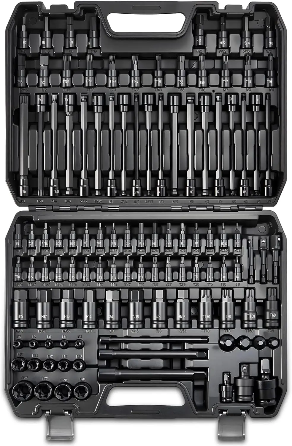 

112PC Master Torx & Hex Bit Socket Set, 1/4" 3/8" 1/2" Drive, S2 Steel, Impact Adapters, U-Joints, Extension Bars, Long Torx & Ball End Hex, SAE & Metric, Black Phosphate