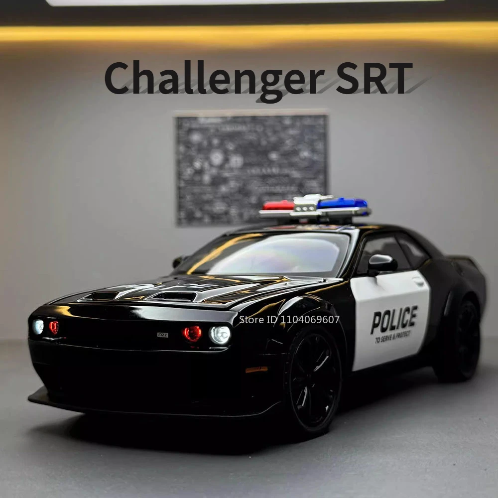1:22 Challenger SRT Police Car Model Toys Metal Die-cast Pull Back Sound Light 4 Doors Opened Vehicle for Boys Birthday Gifts