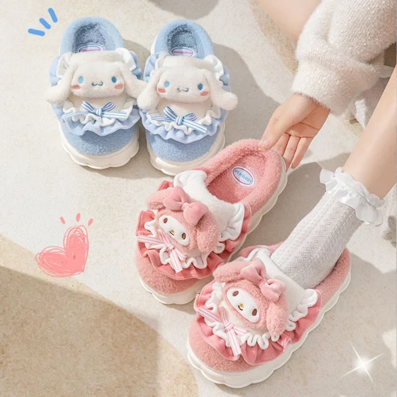 Pantofole in cotone per ragazze Sanrio Cartoon Simpatiche scarpe in cotone con suola morbida all\'esterno con pantofole da casa per interni calde e