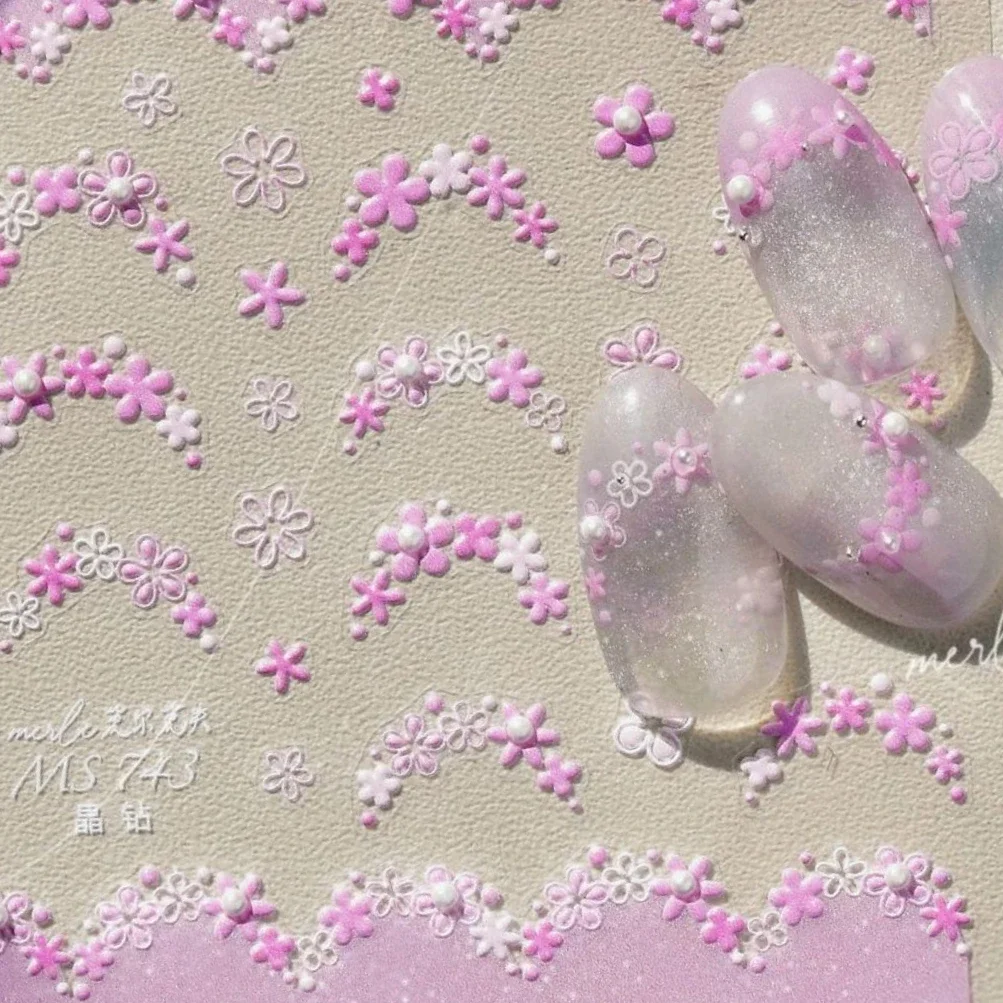 Dressy White Red Pink Pearl Petal Flower Arc Wreath Halo Dyeing Daisy Adhesive Nail Art Stickers Chic Rhinestone Manicure Decals