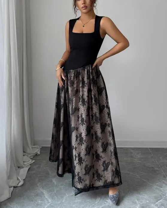 

Womens Dresses 2025 Spring Summer New Latest Hot Elegant Square Neck Sleeveless High Waist Casual Camisole Vest Long Dress