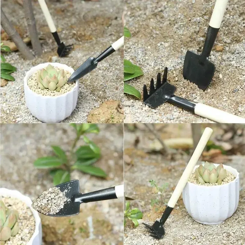 FATCOOL 3pcs Mini Shovel Rake Garden Plant Tool Set With Wooden Handle Children Small Harrow Spade Shovel Gardening Tools