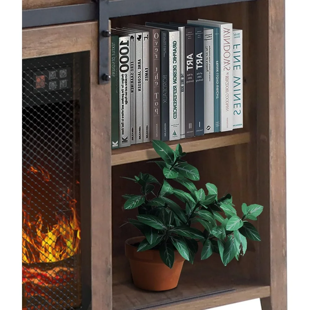 65 Rustic Oak Electric Fireplace TV Stand with Media Storage for Living Room