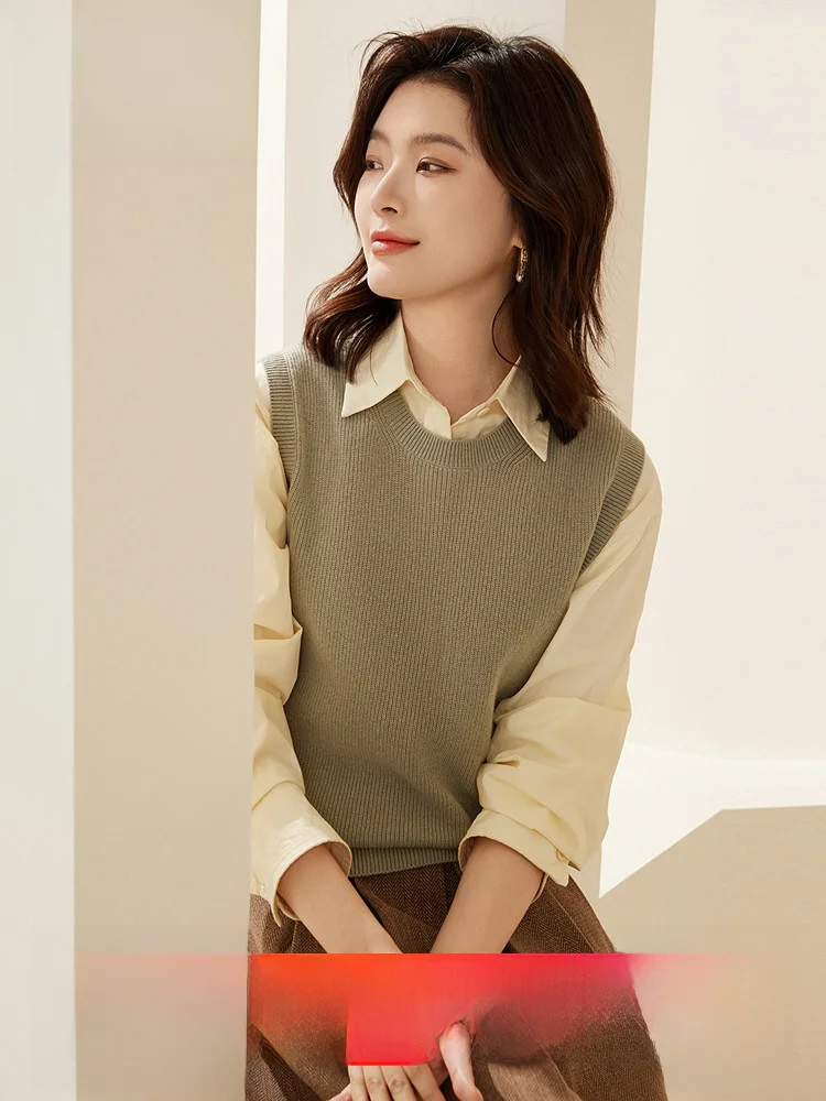 

00% Wool Svel Knitted Vest Women's round Ne Layering Top Soft Woolen Sweater Commute Sle Straight Cut Basic Color