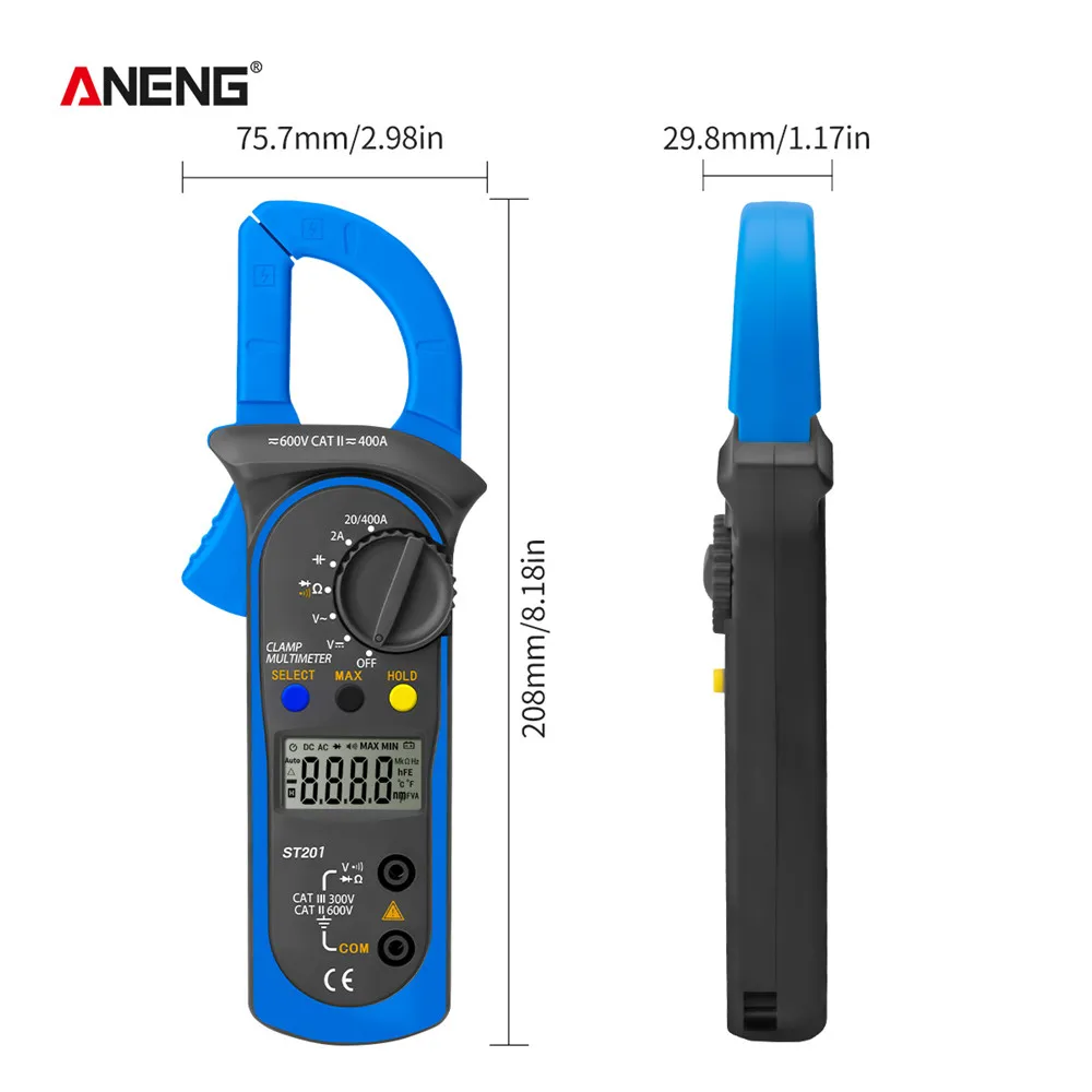 Aneng st201-プロフェッショナルデジタルマルチメータ,クランプオン電流計,トランジスタ,コンデンサテスター,自動車用電圧計