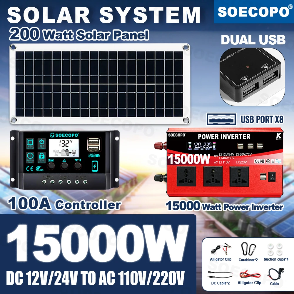

Emergency Use SOECOPO 15000W Peak Solar System Kit 200W Panel 100A Controller Inverter Generator for Camp Trailer Climbing beach