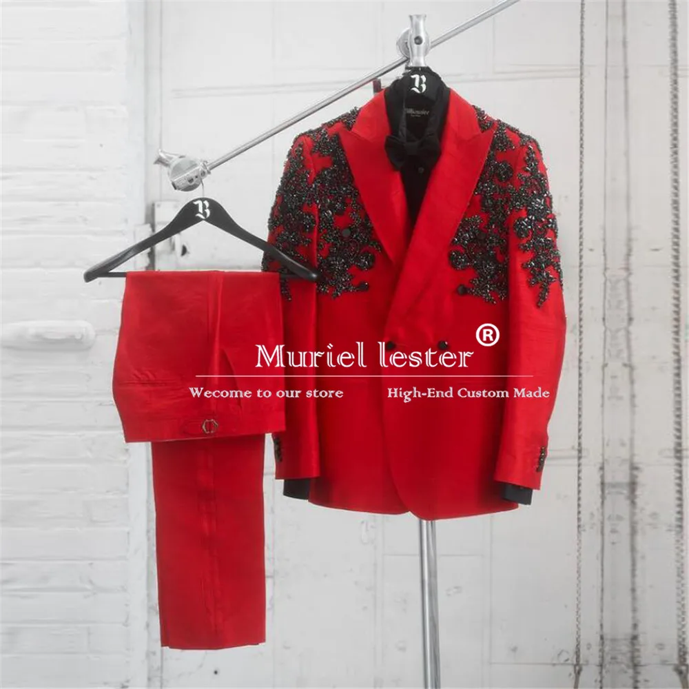 

Luxury Red Suits Men For Wedding Crystals Beaded Jacket Pants 2 Pieces Groomsman Tuxedos Tailored Formal Party Prom Blazer Sets