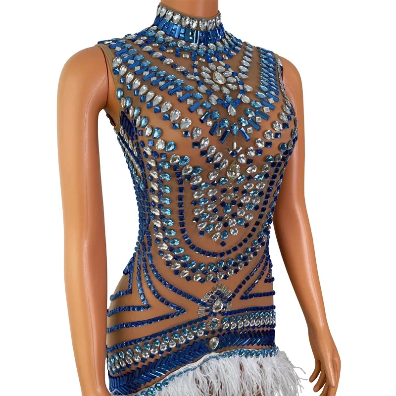 Robe de soirée pour femmes, strass colorés, plumes, robe de célébration d'anniversaire, robes de soirée, Costume de Festival, tenue XS6637