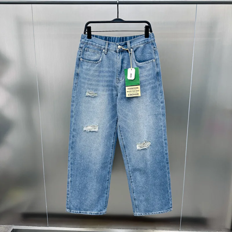 

Fashionable Spring Autumn Men's Straight Leg Jeans Distressed Washed out Long Casual Jeans Youth Trendy Brand