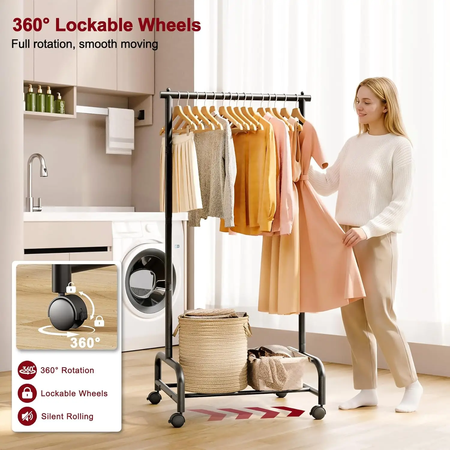 Heavy Duty Clothing Racks for Hanging Clothes, Small Rolling Clothes Rack with Wheels, Sturdy Garment Wardrobe Rack for Bedro