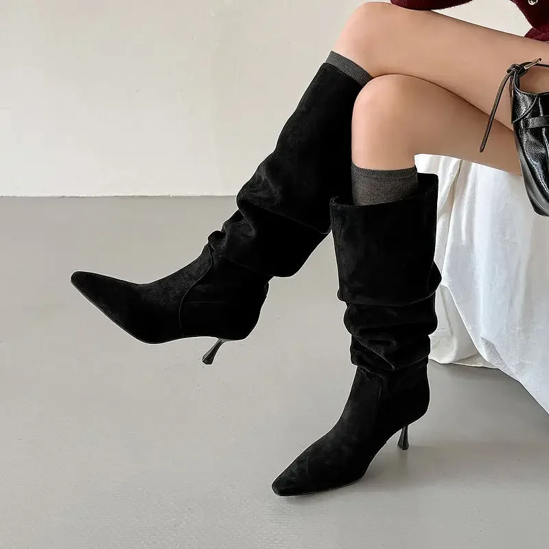 2027 New Winter Knee-high Women Boots Women Shoes Pointed Toe Slip-on Modern Western Boots Thin Heel Long Boots Ladies Shoes