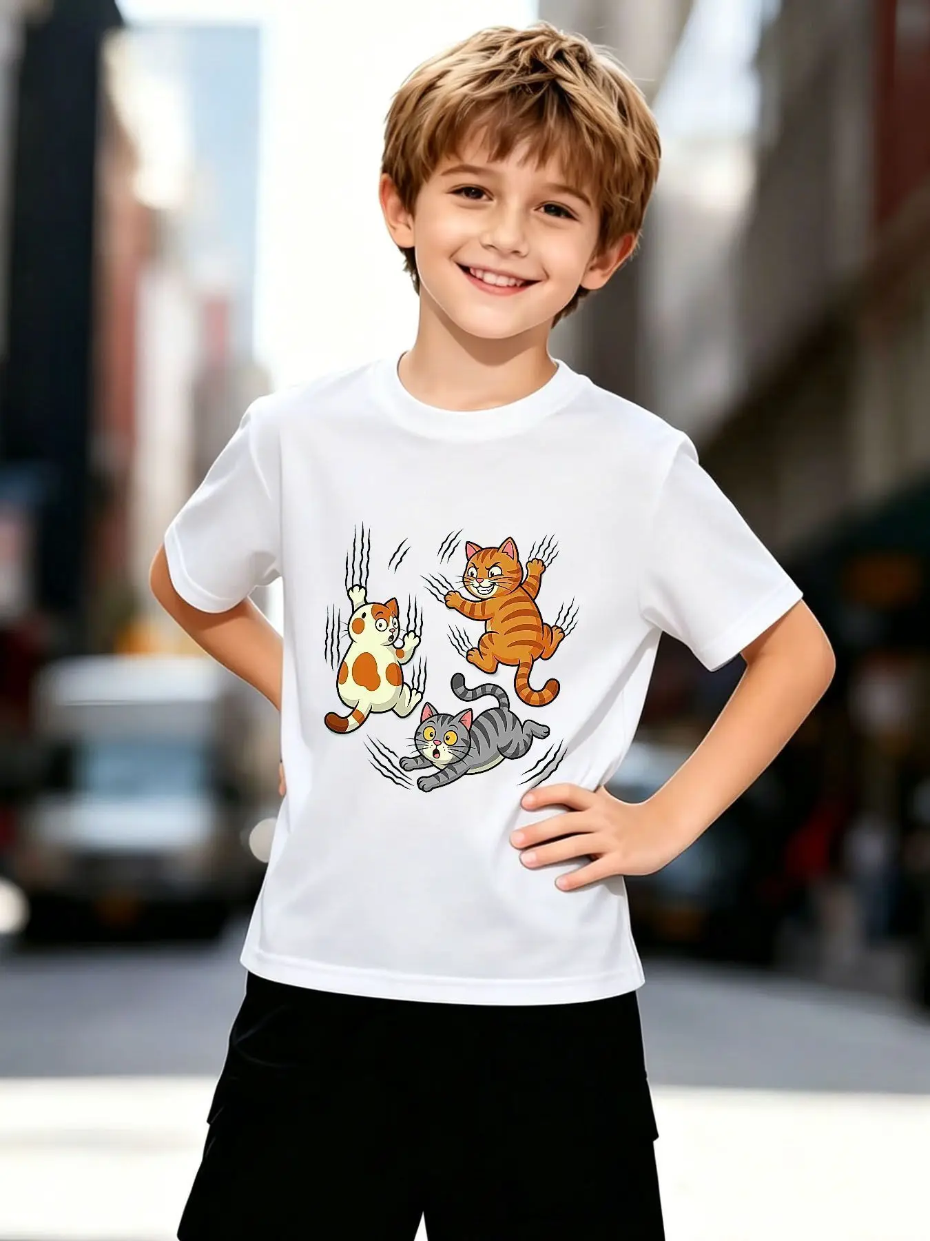 Kids Funny Jumping Cartoon Cats Graphic Tee Boys Girls Family Matching Short Sleeve Playful Pet Animal Casual Daily T Shirt